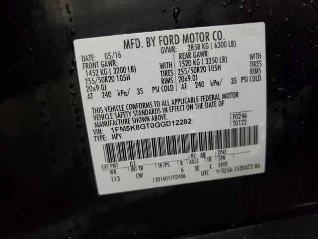 1FM5K8GT0GGD12282 - 2016 FORD EXPLORER SPORT BLACK photo 13