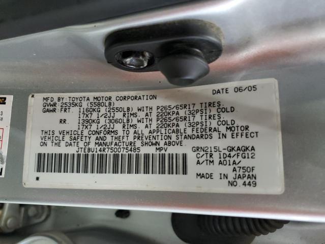 JTEBU14R750075485 - 2005 TOYOTA 4RUNNER SR5 SILVER photo 13