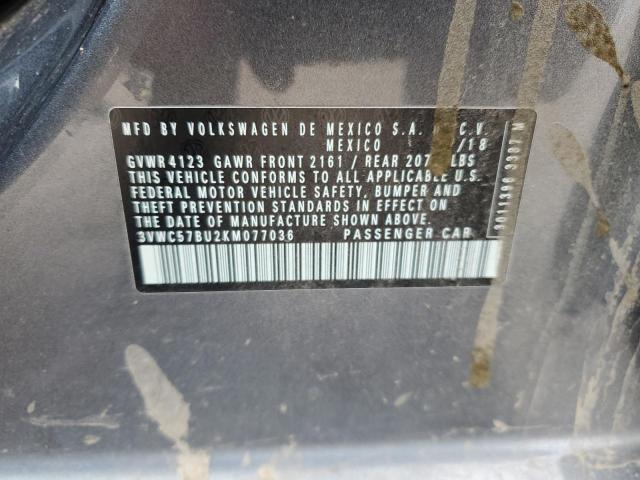 3VWC57BU2KM077036 - 2019 VOLKSWAGEN JETTA S GRAY photo 12