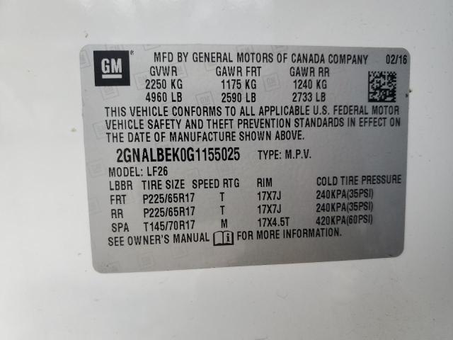 2GNALBEK0G1155025 - 2016 CHEVROLET EQUINOX LS WHITE photo 12