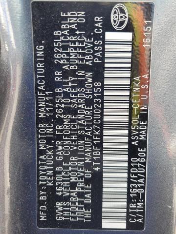 4T1BF1FK7CU023158 - 2012 TOYOTA CAMRY BASE GRAY photo 12