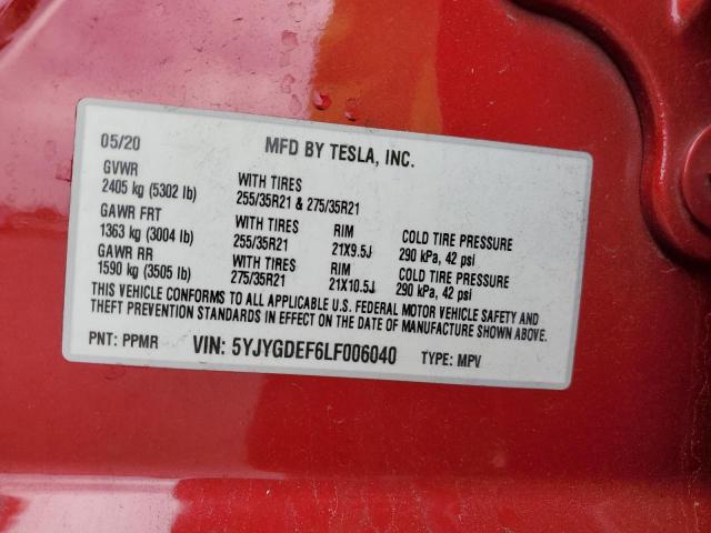 5YJYGDEF6LF006040 - 2020 TESLA MODEL Y წითელი ფოტო 13
