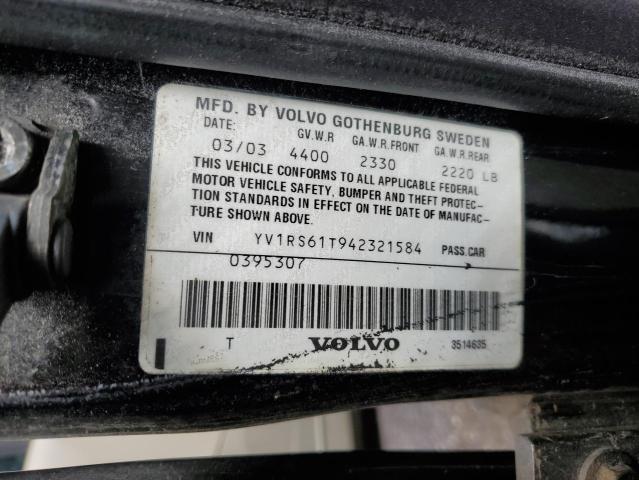 YV1RS61T942321584 - 2004 VOLVO S60 BLACK photo 12