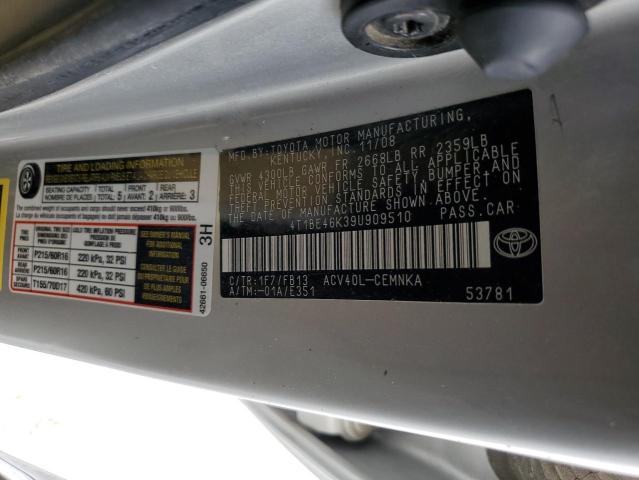 4T1BE46K39U909510 - 2009 TOYOTA CAMRY BASE SILVER photo 12