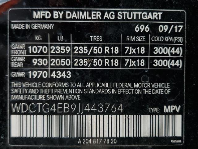 WDCTG4EB9JJ443764 - 2018 MERCEDES-BENZ GLA 250 შავი ფოტო 13