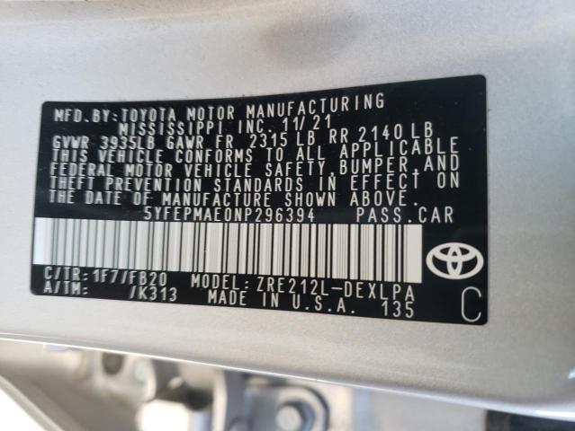 5YFEPMAE0NP296394 - 2022 TOYOTA COROLLA LE 银色 照片 12