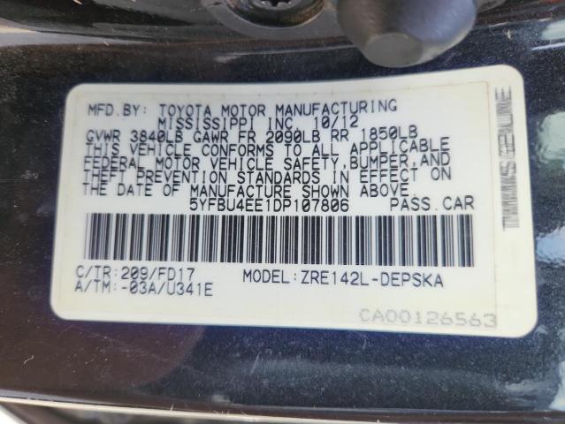 5YFBU4EE1DP107806 - 2013 TOYOTA COROLLA BASE أسود صورة 12