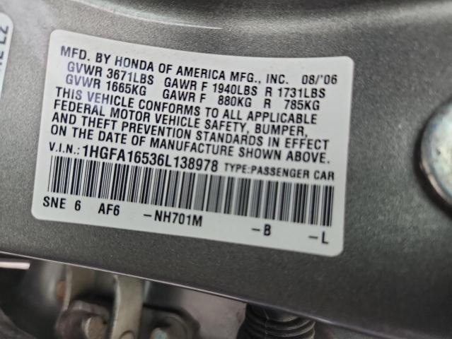 1HGFA16536L138978 - 2006 HONDA CIVIC LX GRAY photo 12