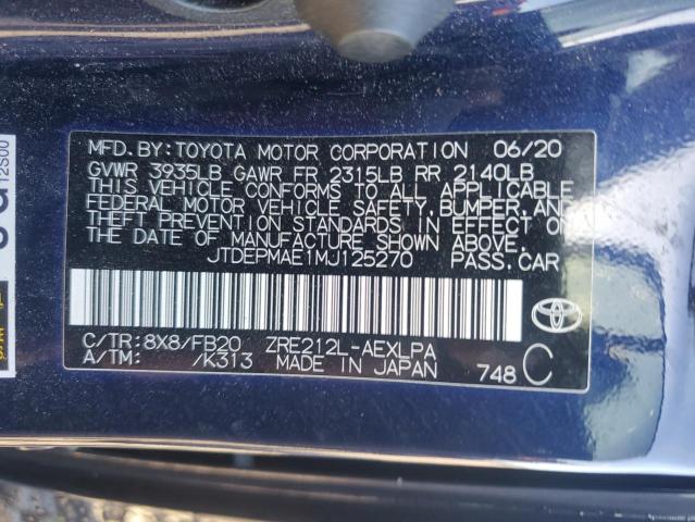 JTDEPMAE1MJ125270 - 2021 TOYOTA COROLLA LE BLUE photo 13