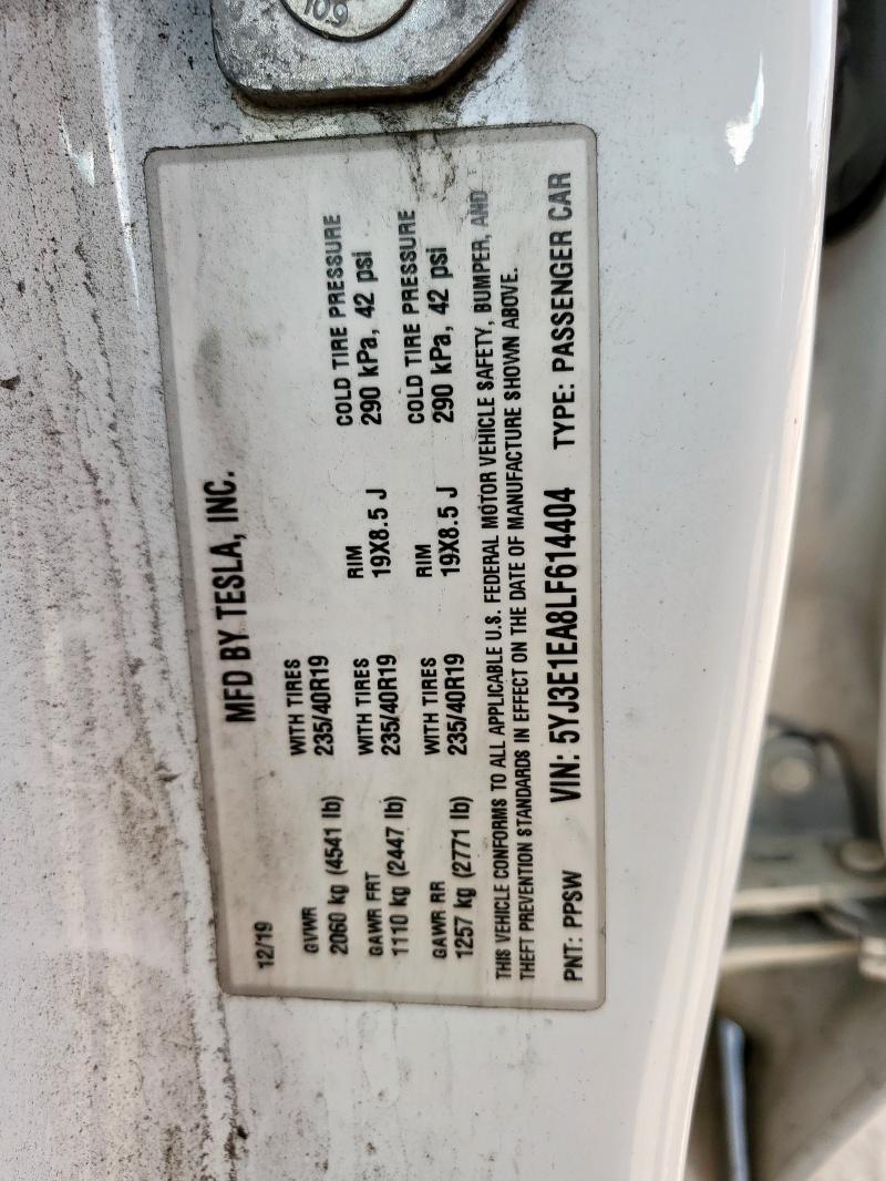 5YJ3E1EA8LF614404 - 2020 TESLA MODEL 3 WHITE photo 12