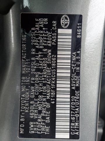 4T1BF1FK4CU518062 - 2012 TOYOTA CAMRY BASE Yeşil fotoğraf 12