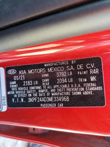 3KPF24AD3ME334968 - 2021 KIA FORTE FE RED photo 12