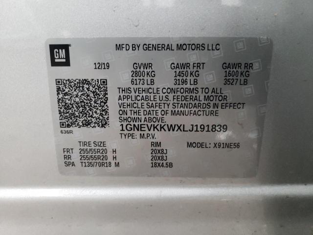 1GNEVKKWXLJ191839 - 2020 CHEVROLET TRAVERSE PREMIER SILVER photo 13