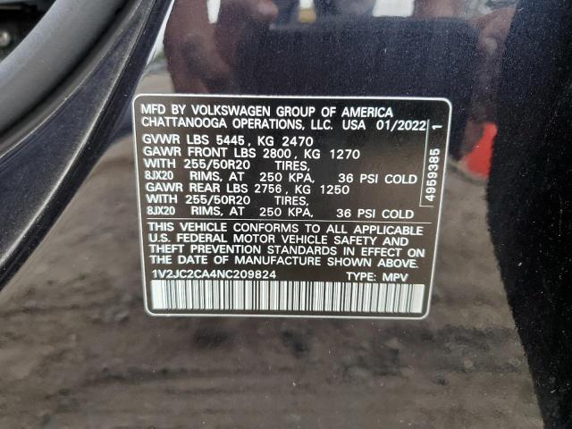 1V2JC2CA4NC209824 - 2022 VOLKSWAGEN ATLAS CROS SE BLACK photo 12