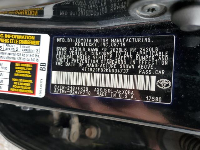 4T1B21FB2KU004737 - 2019 TOYOTA AVALON XLE BLACK photo 12