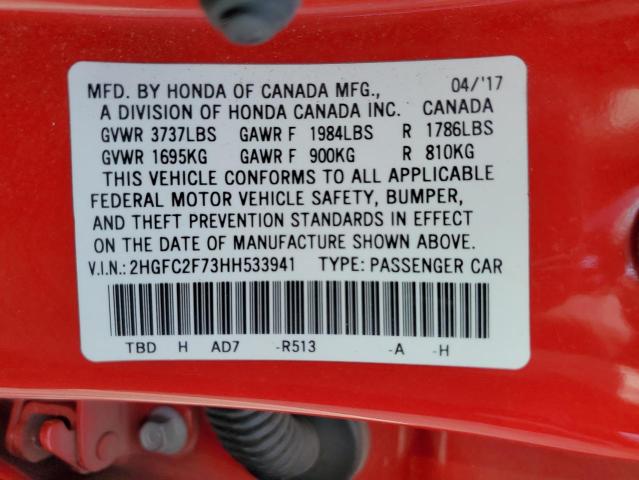 2HGFC2F73HH533941 - 2017 HONDA CIVIC EX RED photo 13