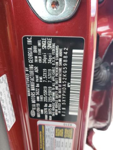 5XYPHDA52KG598842 - 2019 KIA SORENTO EX მუქწითელი ფოტო 13