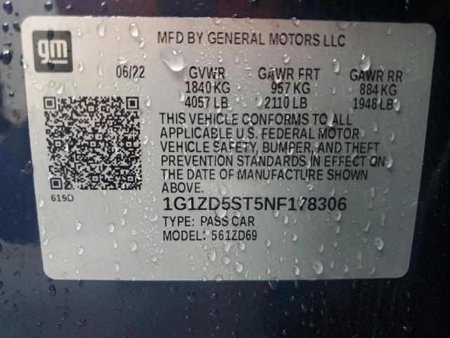 1G1ZD5ST5NF178306 - 2022 CHEVROLET MALIBU LT BLUE photo 12