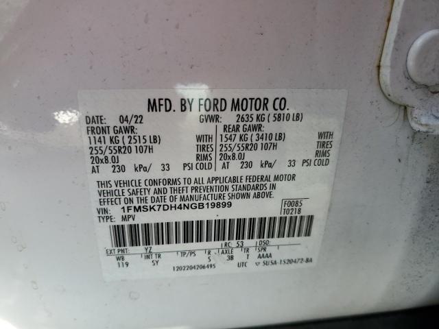 1FMSK7DH4NGB19899 - 2022 FORD EXPLORER XLT 白色 照片 13