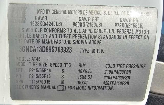 3GNCA13D88S703923 - 2008 CHEVROLET HHR LS WHITE photo 10