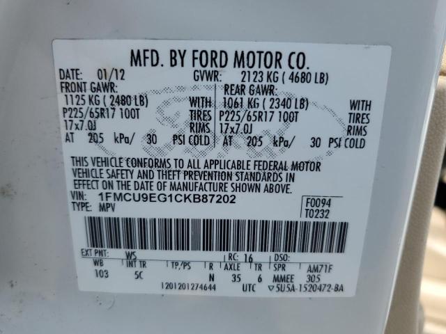 1FMCU9EG1CKB87202 - 2012 FORD ESCAPE LIMITED WHITE photo 13
