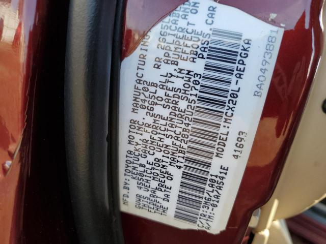 4T1BF28B42U251703 - 2002 TOYOTA AVALON XL BURGUNDY photo 12