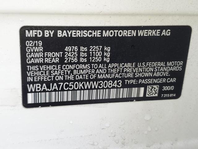 WBAJA7C50KWW30843 - 2019 BMW 530 XI WHITE photo 13