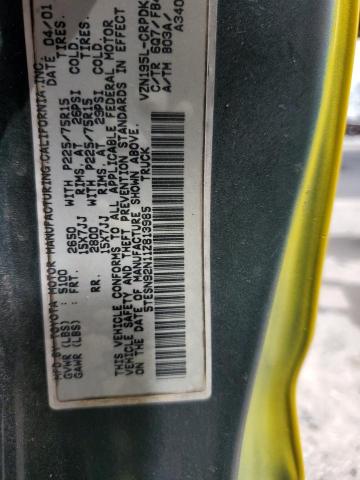 5TESN92N11Z813985 - 2001 TOYOTA TACOMA XTRACAB PRERUNNER YELLOW photo 12