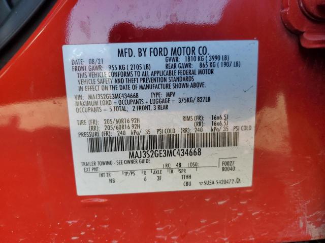 MAJ3S2GE3MC434668 - 2021 FORD ECOSPORT SE წითელი ფოტო 13