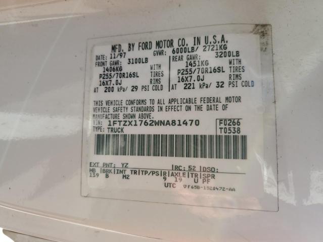 1FTZX1762WNA81470 - 1998 FORD F150 WHITE photo 12