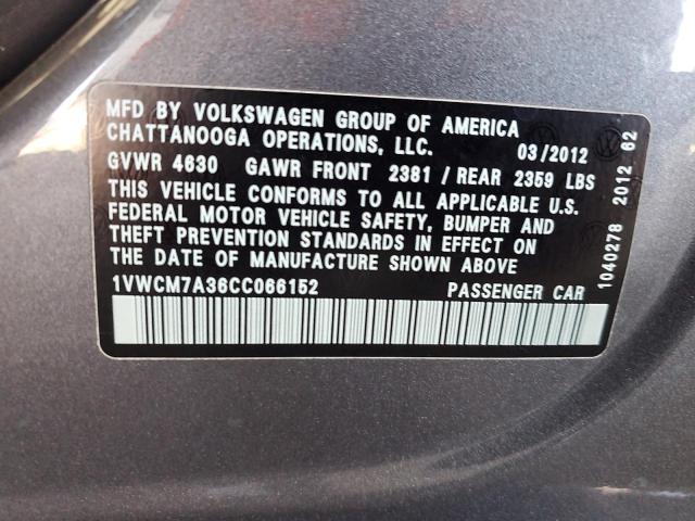 1VWCM7A36CC066152 - 2012 VOLKSWAGEN PASSAT SEL Gris foto 12