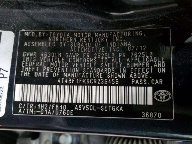 4T4BF1FK9CR236456 - 2012 TOYOTA CAMRY BASE GRAY photo 13