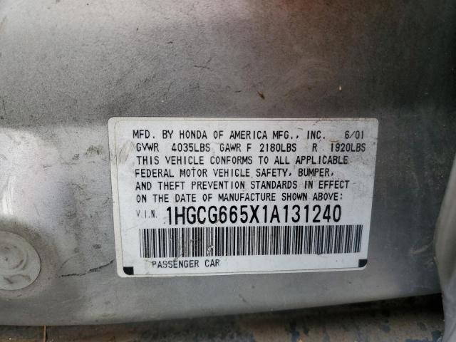 1HGCG665X1A131240 - 2001 HONDA ACCORD LX SILVER photo 12