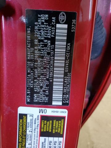 4T1BK3EK3BU619715 - 2011 TOYOTA CAMRY SE 红色 照片 12