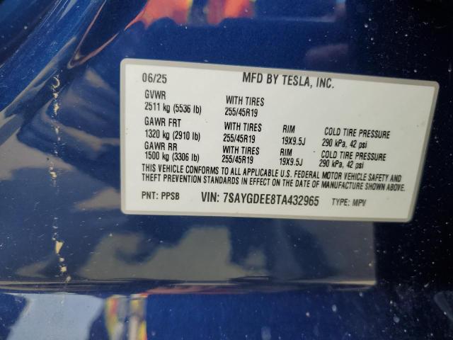 7SAYGDEE8TA432965 - 2026 TESLA MODEL Y أزرق صورة 13