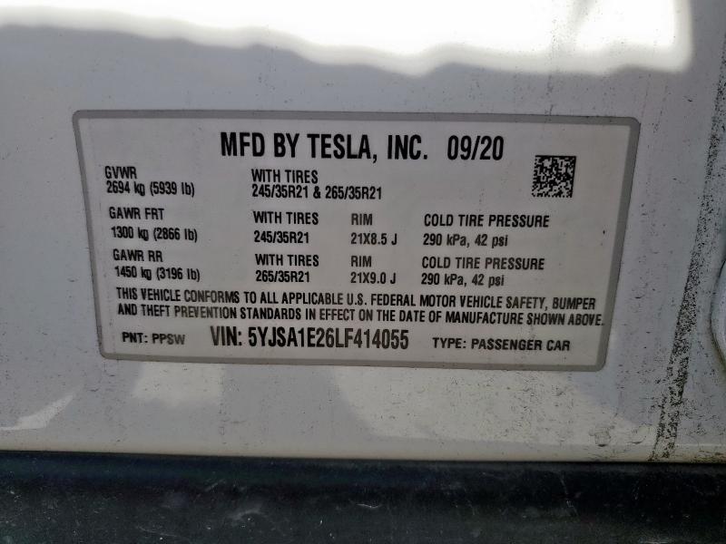 5YJSA1E26LF414055 - 2020 TESLA MODEL S Beyaz fotoğraf 12