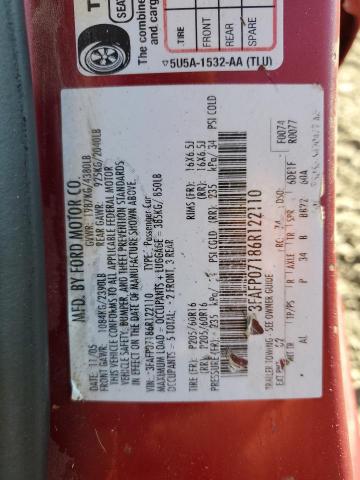 3FAFP07186R122110 - 2006 FORD FUSION SE Կարմիր լուսանկար 12