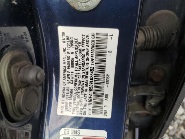 1HGFA16589L025452 - 2009 HONDA CIVIC LX Mavi foto 12
