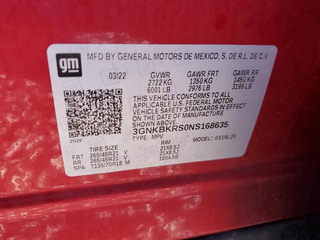 3GNKBKRS0NS168635 - 2022 CHEVROLET BLAZER RS RED photo 12