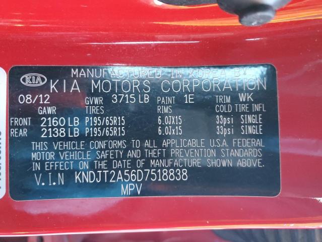 KNDJT2A56D7518838 - 2013 KIA SOUL RED photo 12