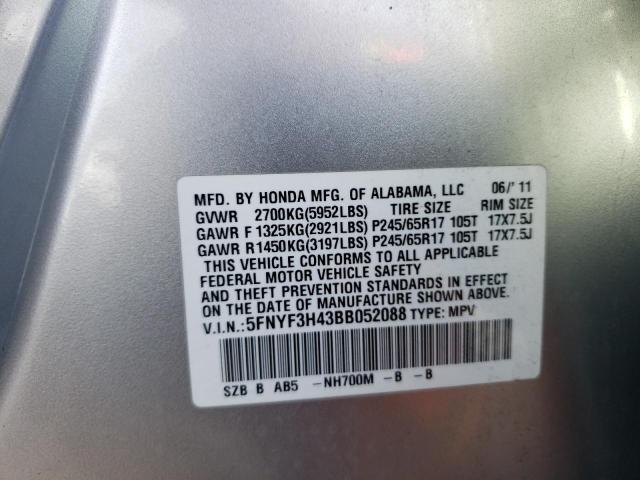 5FNYF3H43BB052088 - 2011 HONDA PILOT EX SILVER photo 12