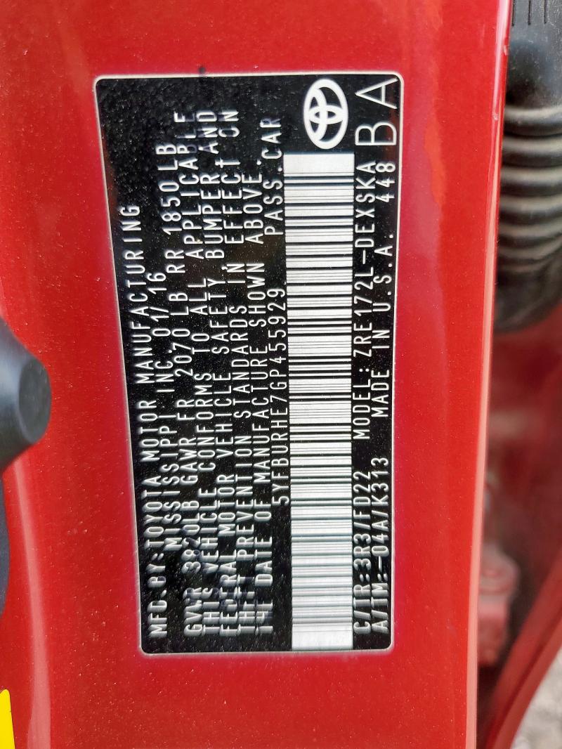 5YFBURHE7GP455929 - 2016 TOYOTA COROLLA L წითელი ფოტო 12