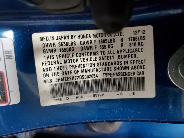 JHMZE2H72DS002654 - 2013 HONDA INSIGHT EX أزرق صورة 12