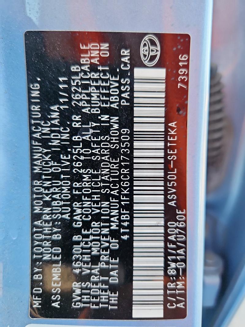 4T4BF1FK6CR173509 - 2012 TOYOTA CAMRY BASE BLUE photo 12