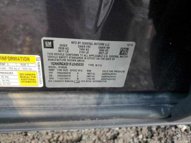 1GNKRGKD1FJ243639 - 2015 CHEVROLET TRAVERSE LT შავი ფოტო 13