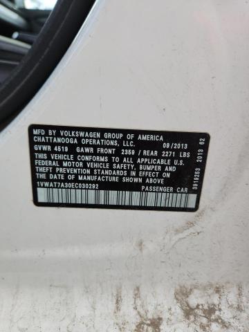 1VWAT7A30EC030292 - 2014 VOLKSWAGEN PASSAT S Білий фото 12