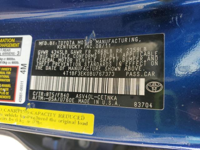 4T1BF3EK0BU767373 - 2011 TOYOTA CAMRY BASE BLUE photo 12