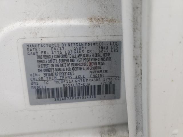 3N1AB7AP1HY314375 - 2017 NISSAN SENTRA S 白色 照片 13