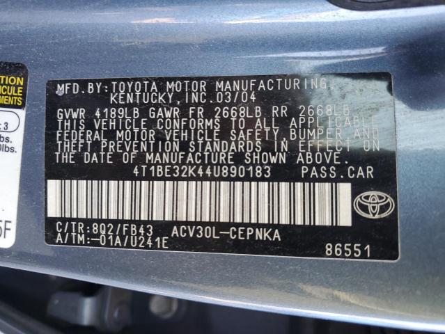 4T1BE32K44U890183 - 2004 TOYOTA CAMRY LE BLUE photo 12