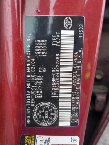 4T1BE32K84U322888 - 2004 TOYOTA CAMRY LE RED photo 13